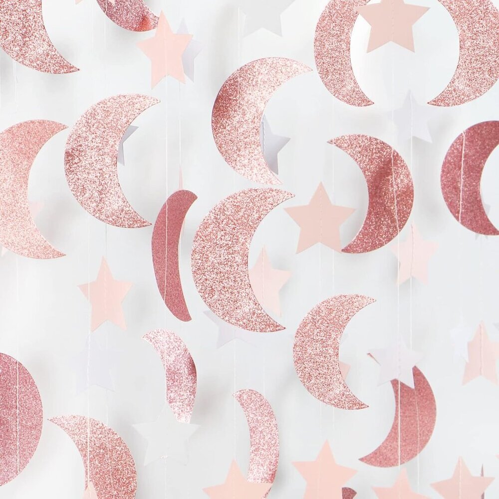 Pink Rose-Gold Moon-Star Party-Decorations Garland - 52Ft Twinkle Little Star Ha